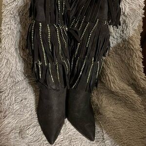 Jessica Linko Black Fringe Rhinestone Bling Heeled Boots